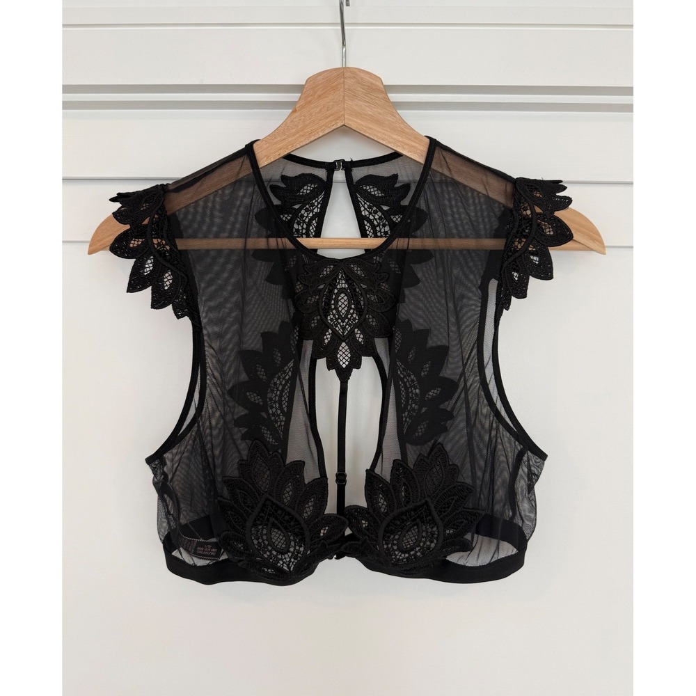 NWT Victoria's Secret Black Sheer Mesh Floral Appliqué Bralette Open Back - L